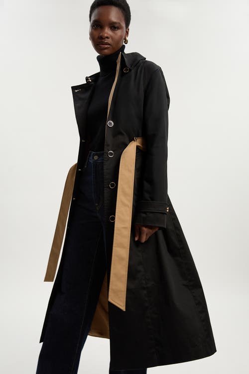 Karen Millen Color Block Belted Tailored Trench Coat In Black