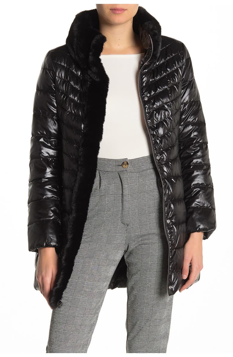 KARL LAGERFELD PARIS Faux Fur Collar Quilted Puffer Jacket, Main, color, 