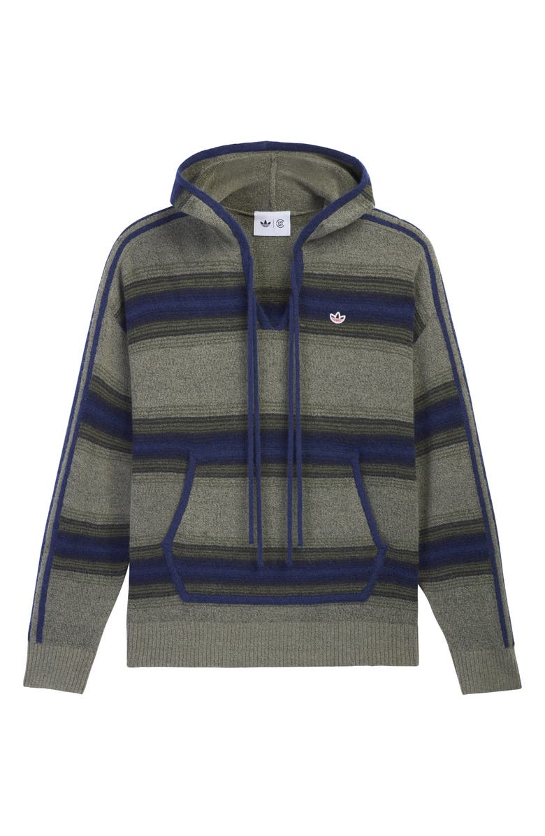adidas Originals x CLOT Baja Stripe Oversize Hooded Sweater, Alternate, color, Trace Khaki/ Tech Indigo
