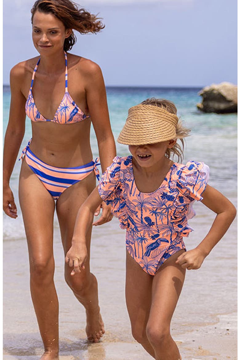 Kids' Tropicana Vacay Ruffle One-Piece Swimsuit, Alternate, color, ORANGE / BLUE