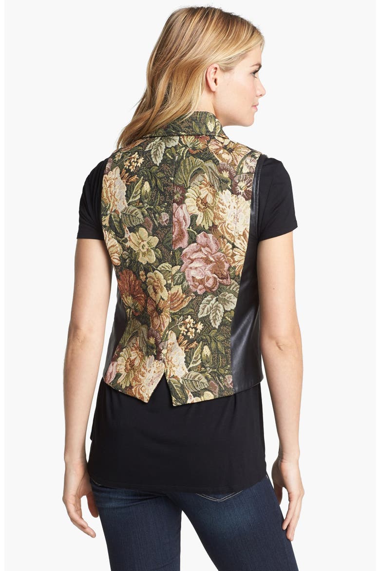 Faux Leather Inset Tapestry Moto Vest, Alternate, color, DARK LEAF