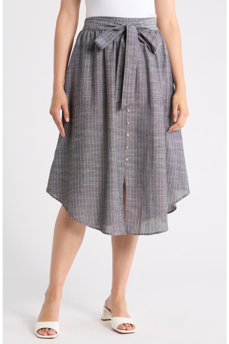 Stripe Linen & Cotton Curve Hem Skirt, Main, color, BLACK