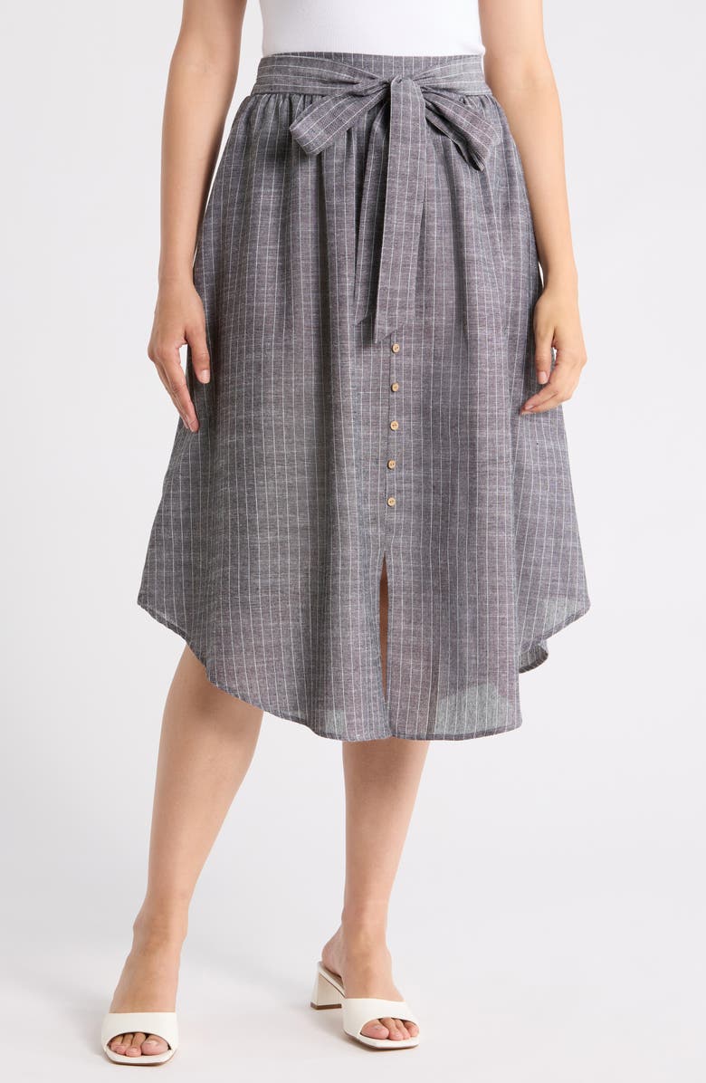 Renee C Stripe Linen & Cotton Curve Hem Skirt, Main, color, Black