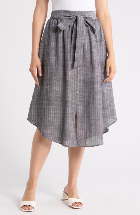 Stripe Linen & Cotton Curve Hem Skirt