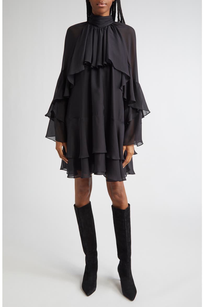 Adlington Ruffle Detail Long Sleeve Silk Chiffon Dress, Main, color, BLACK