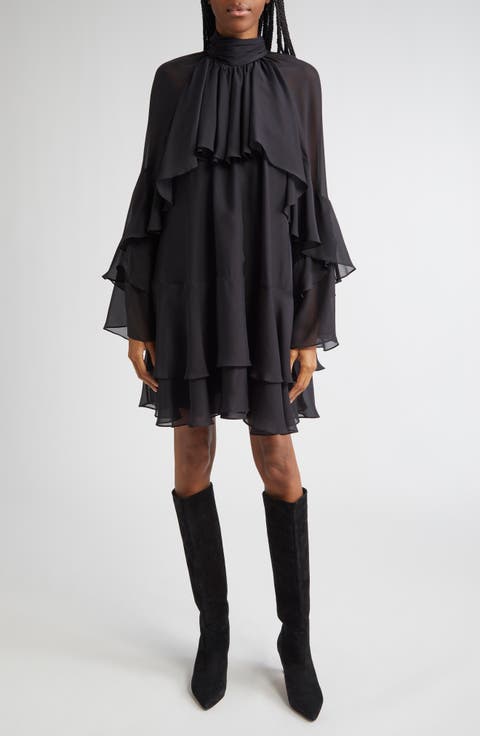 Adlington Ruffle Detail Long Sleeve Silk Chiffon Dress