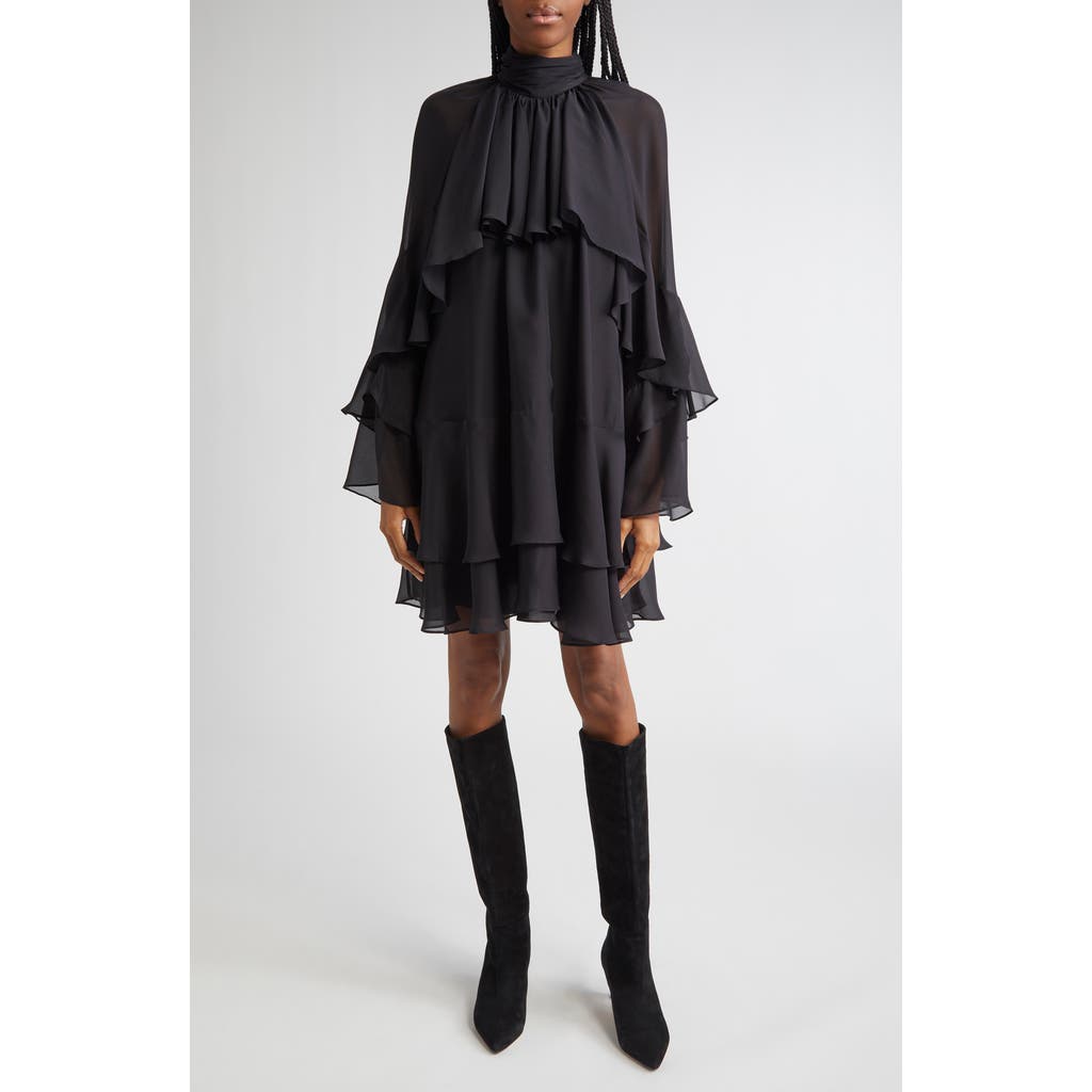 Veronica Beard Adlington Ruffle Detail Long Sleeve Silk Chiffon Dress In Black