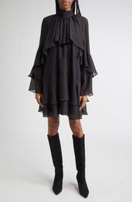 Veronica Beard Adlington Ruffle Detail Long Sleeve Silk Chiffon Dress