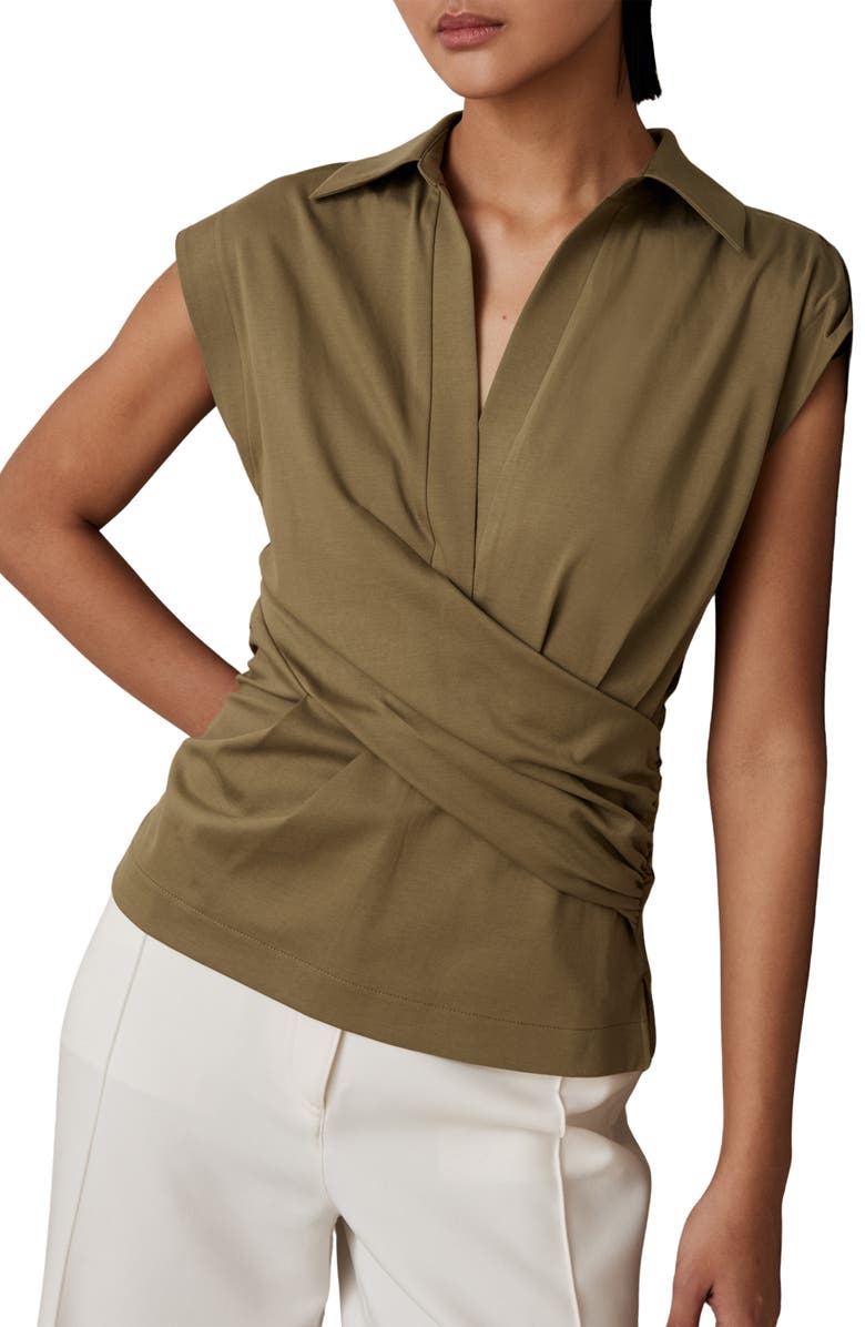 Reiss Jean Ruched Stretch Cotton Top, Main, color, Khaki Green