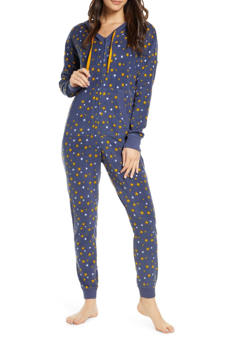 Microfleece Hooded Jumpsuit Pajamas, Main, color, BLUE VINTAGE STARS