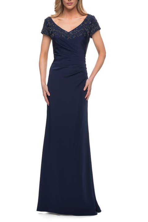 Short Sleeve Evening Dress with Beaded Neckline