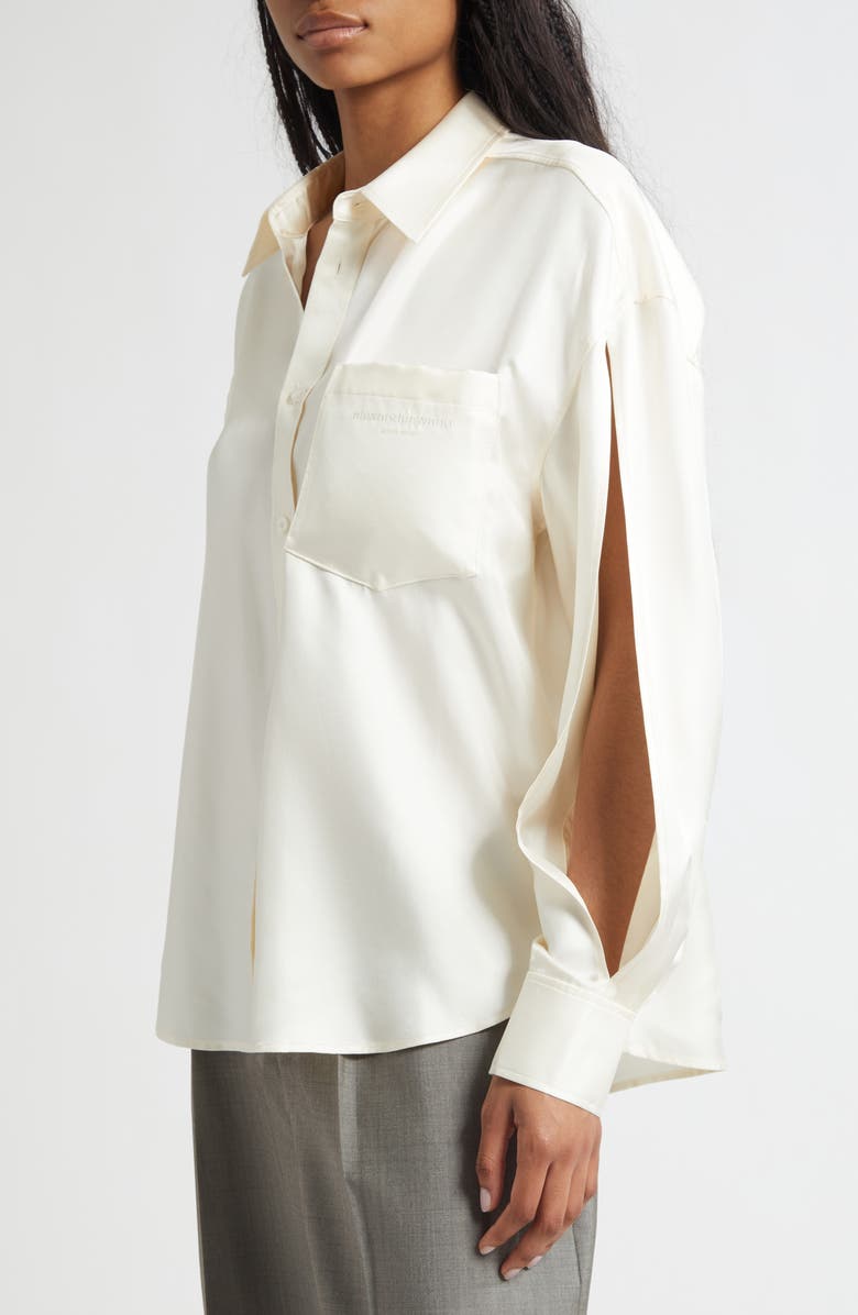 Alexander Wang Slashed Sleeve Satin Button-Up Shirt, Alternate, color, Ivory