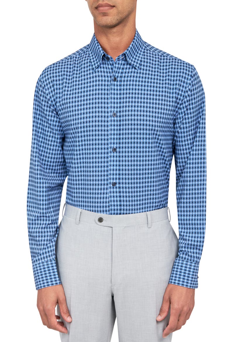 Regular Fit Mosaic Gingham Stretch Performance Dress Shirt, Main, color, NAVY
