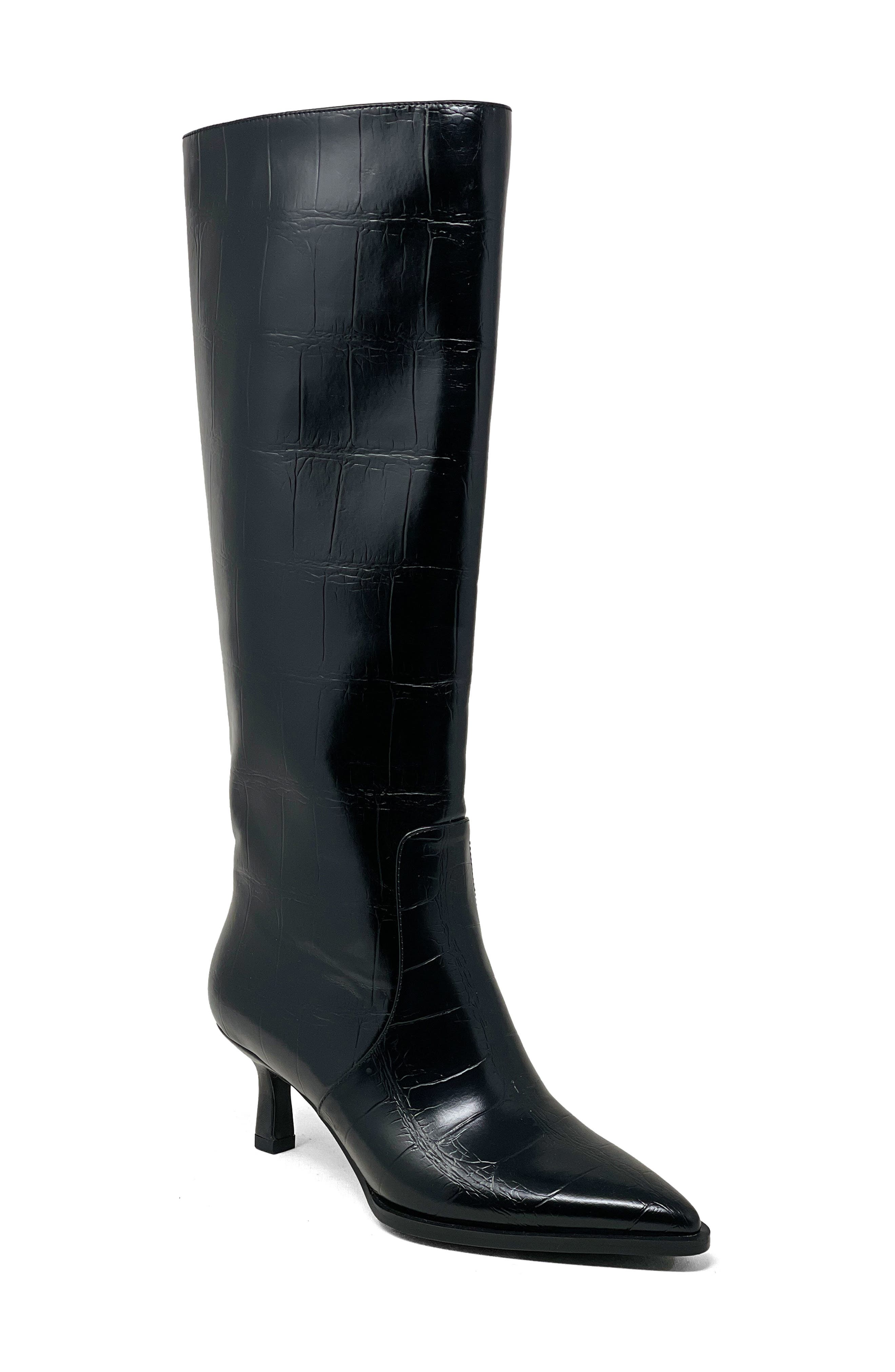 SHUSHOP Vanessa Pointed Toe Knee High Kitten Boot, Main, color, Black Croco