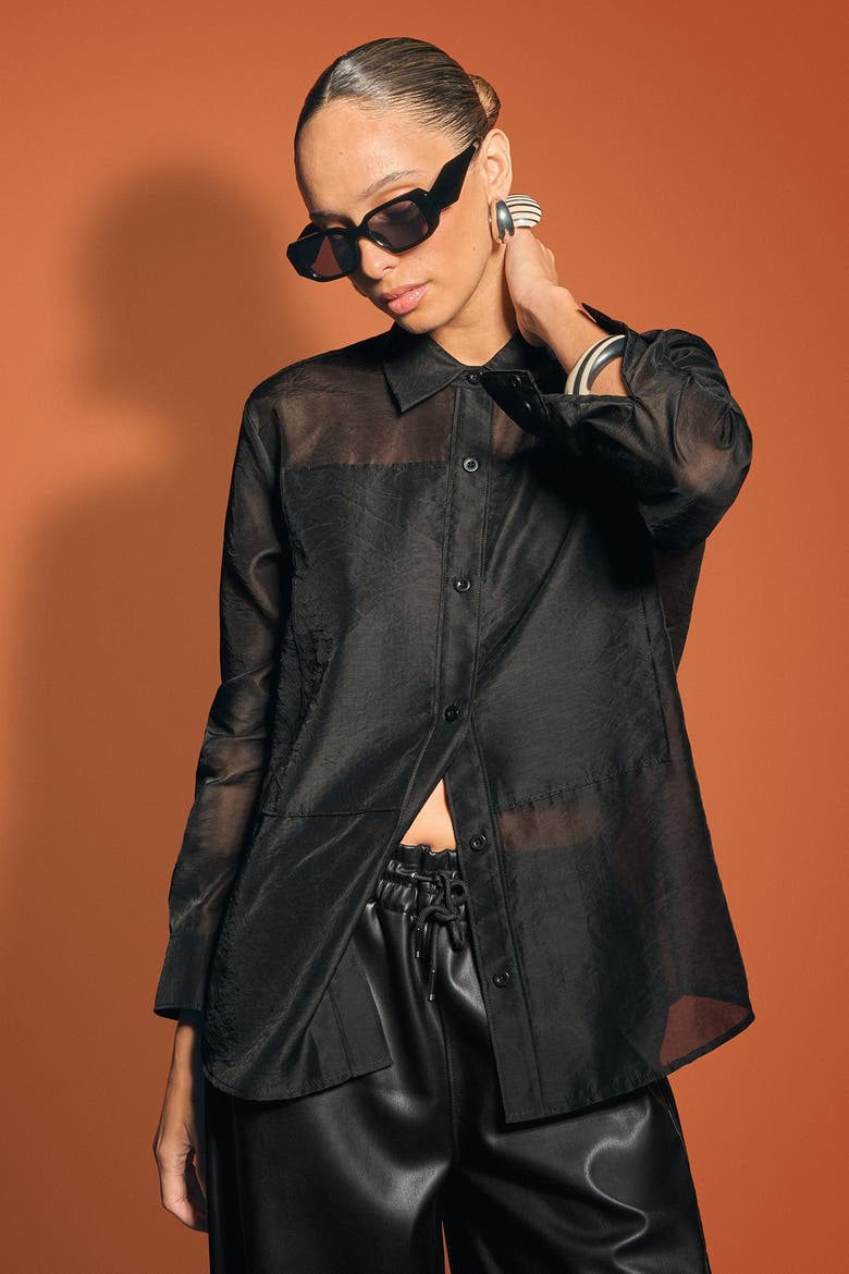 Sheer Oversized Button Up, Alternate, color, BLACK