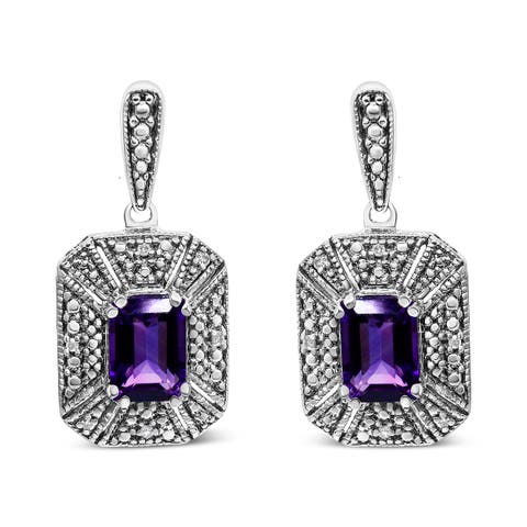 Silver Diamond Accent and 7x5mm Purple Amethyst Stud Earrings