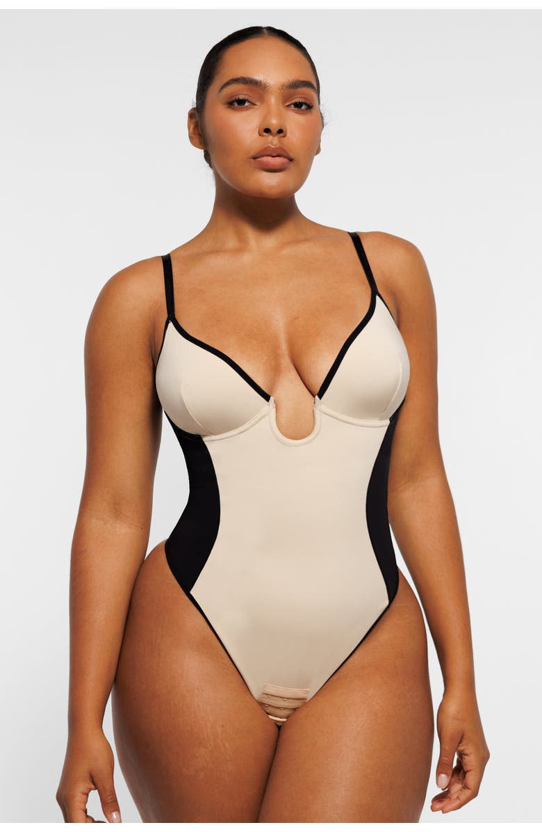 Shapellx AirSlim Deep Plunge Thong Shaping Bodysuit, Main, color, Ivory