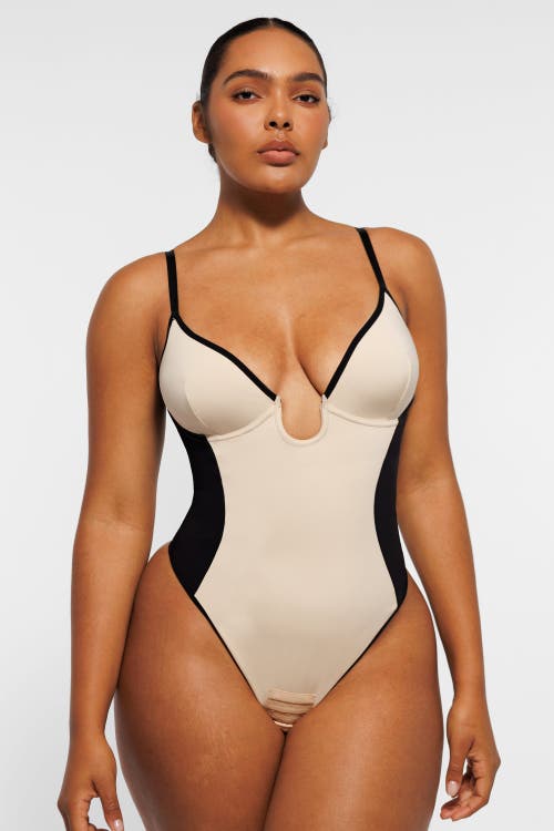 Shapellx Airslim Deep Plunge Thong Shaping Bodysuit In Ivory