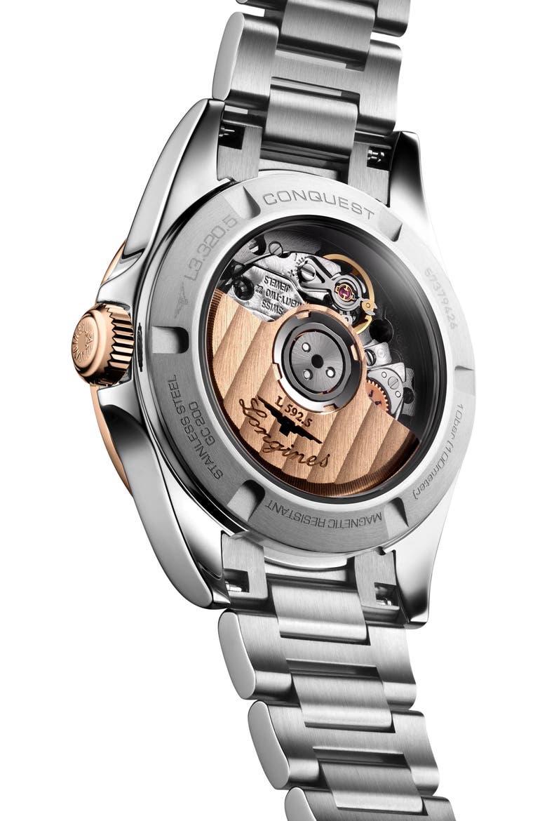 Conquest 18K Rose Gold Bezel Automatic Bracelet Watch, 30mm, Alternate, color, SILVER