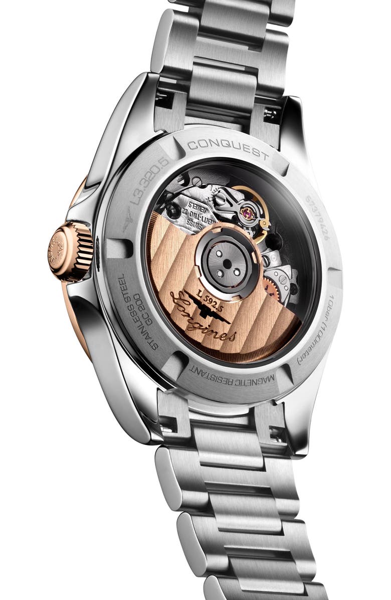 Longines Conquest 18K Rose Gold Bezel Automatic Bracelet Watch, 30mm, Alternate, color, Silver