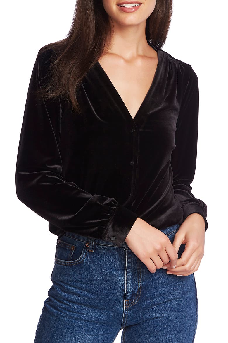V-Neck Velvet Button Front Top, Main, color, RICH BLACK