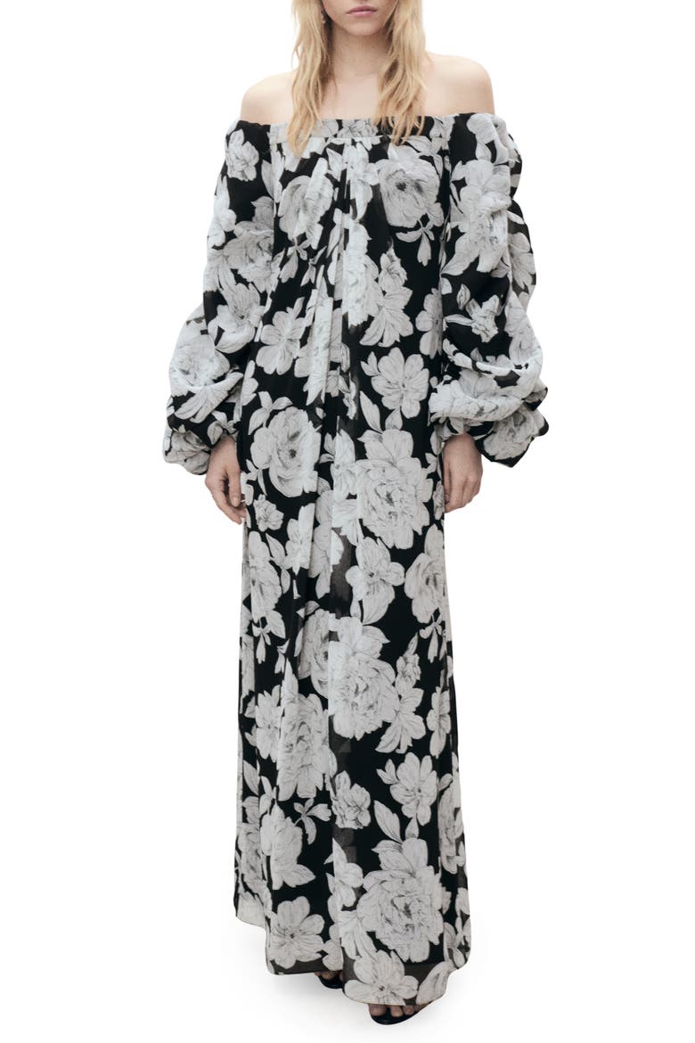 Floral Off the Shoulder Long Sleeve Maxi Dress, Main, color, BLACK