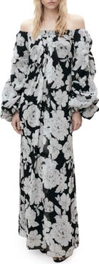 MANGO Floral Off the Shoulder Long Sleeve Maxi Dress