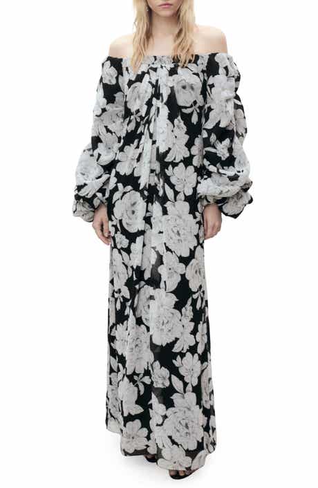 MANGO Floral Off the Shoulder Long Sleeve Maxi Dress