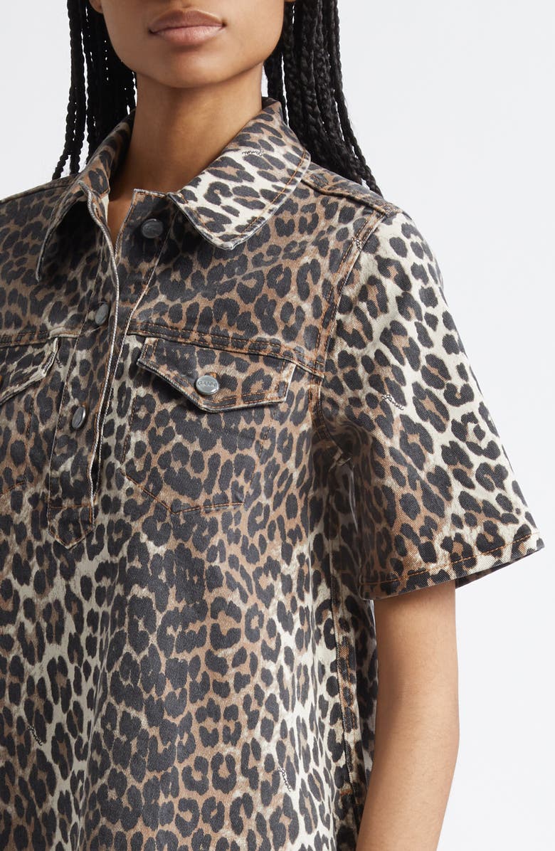 Ganni Leopard Stretch Organic Cotton Denim Minidress, Alternate, color, Leopard