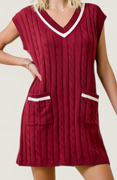 Modenaire Cable-knit Mini Sweater Dress With Pockets In Burgundy