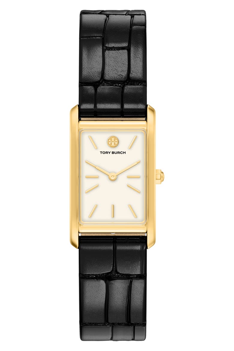 The Eleanor Slim Tank Leather Strap Watch, 20mm x 34mm, Main, color, BLACK