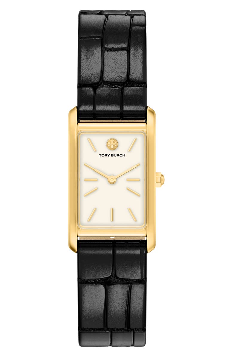 Tory Burch The Eleanor Slim Tank Leather Strap Watch, 20mm x 34mm, Main, color, Black/ Gold