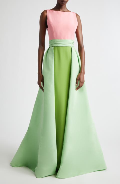 Colorblock Silk Column Gown with Removable Overskirt
