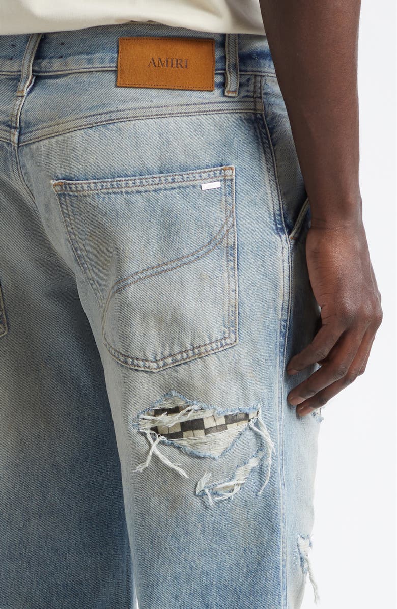 AMIRI Checkered Rip & Repair Bootcut Jeans, Alternate, color, Aged Indigo