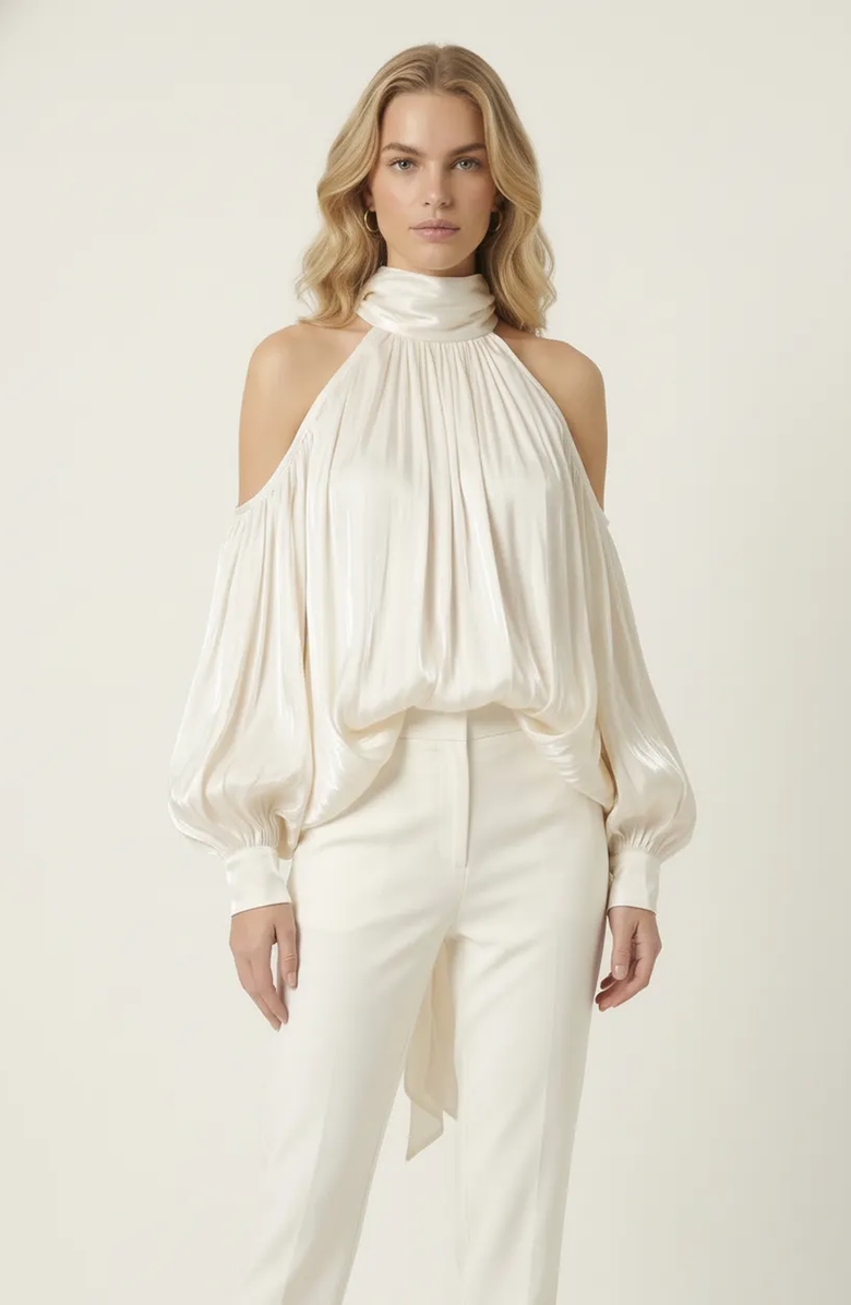 Modenaire High Neck Cold Shoulder Satin Blouse, Main, color, Ivory