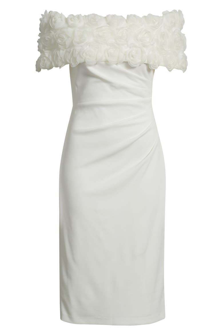 Floral Appliqué Detail Off the Shoulder Scuba Crepe Sheath Dress, Alternate, color, IVORY