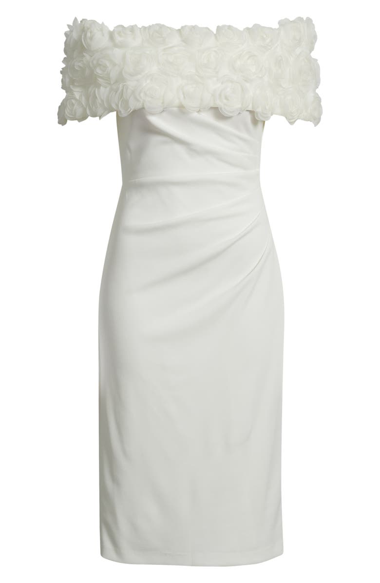 Eliza J Floral Appliqué Detail Off the Shoulder Scuba Crepe Sheath Dress, Alternate, color, Ivory