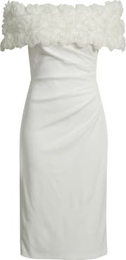 Eliza J Floral Appliqué Detail Off the Shoulder Scuba Crepe Sheath Dress