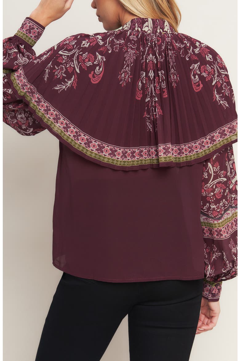 Pleated Cape Tie Neck Shirt, Alternate, color, BURGUNDY