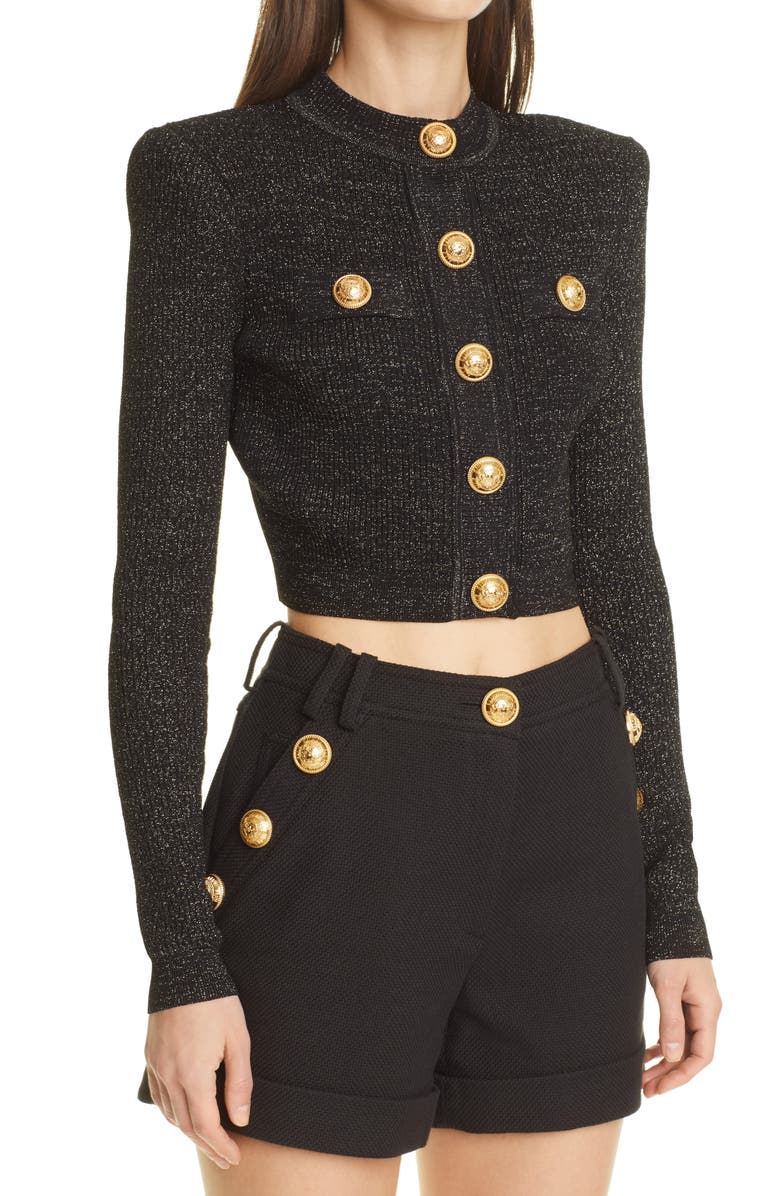 Balmain Metallic Knit Crop Sweater, Alternate, color, Noir