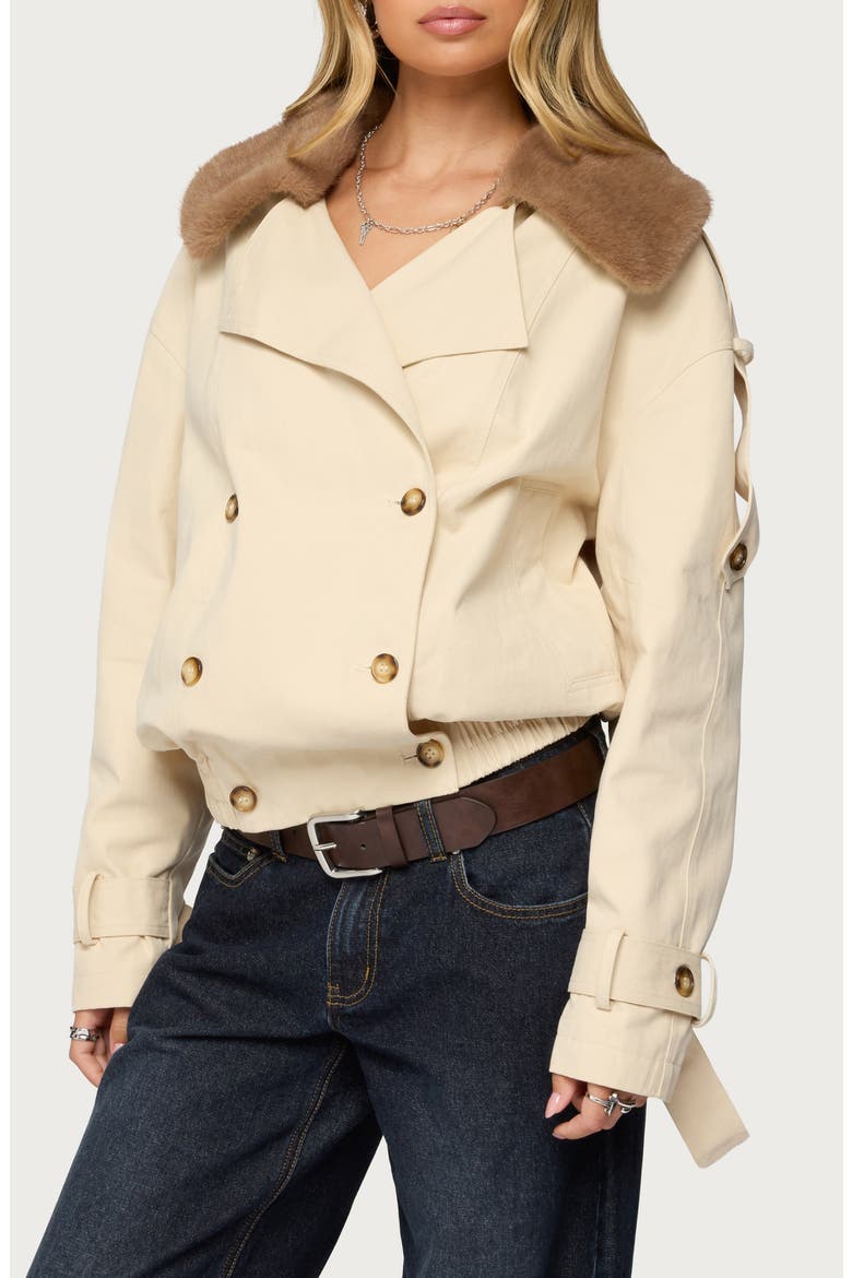 Crop Cotton Trench Coat with Removable Faux Fur Collar, Main, color, BEIGE