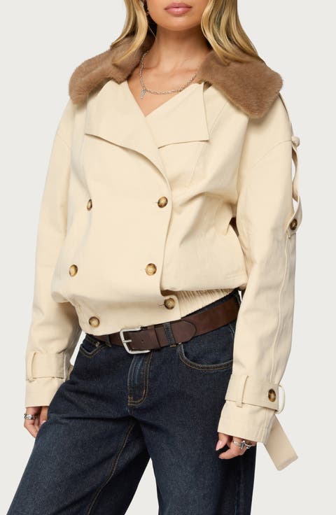 Crop Cotton Trench Coat with Removable Faux Fur Collar