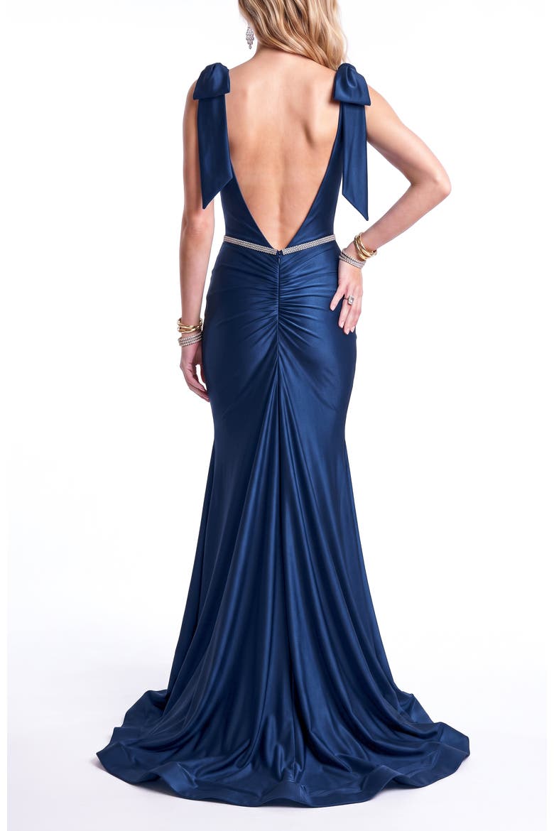 Bow Shoulder Plunge Mermaid Evening Gown, Alternate, color, Navy