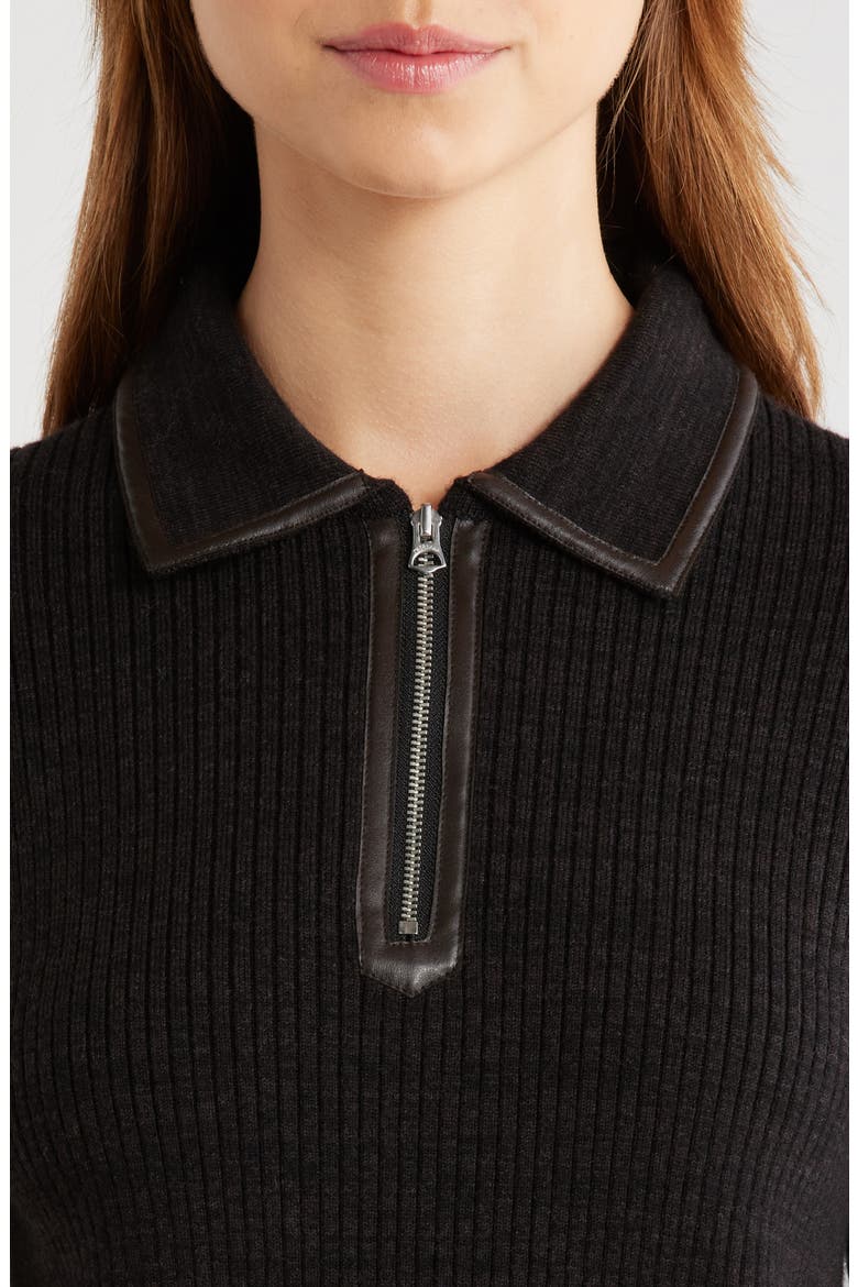 Caterina Faux Leather Piped Rib Wool Blend Sweater Polo, Alternate, color, DKBRN