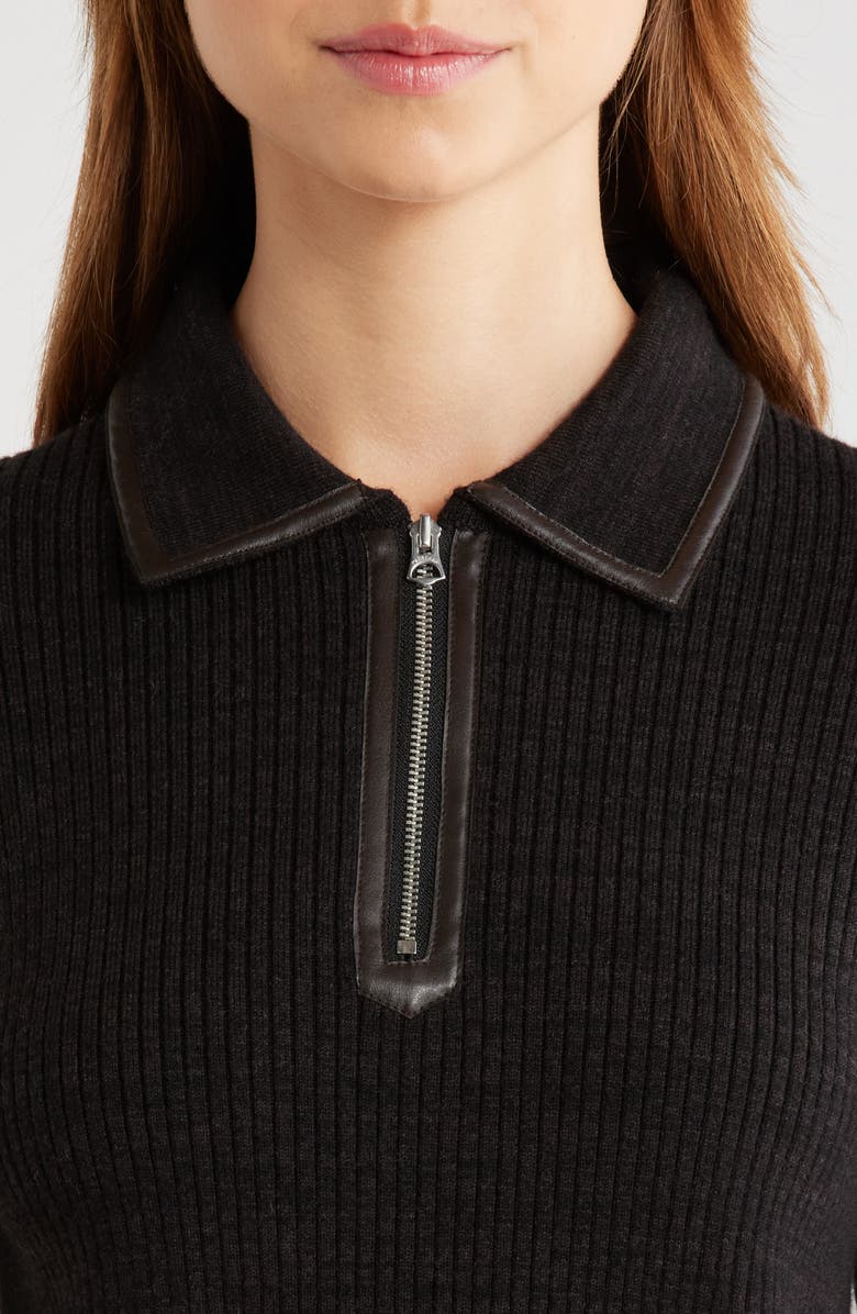 rag & bone Caterina Faux Leather Piped Rib Wool Blend Sweater Polo, Alternate, color, Dark Brown