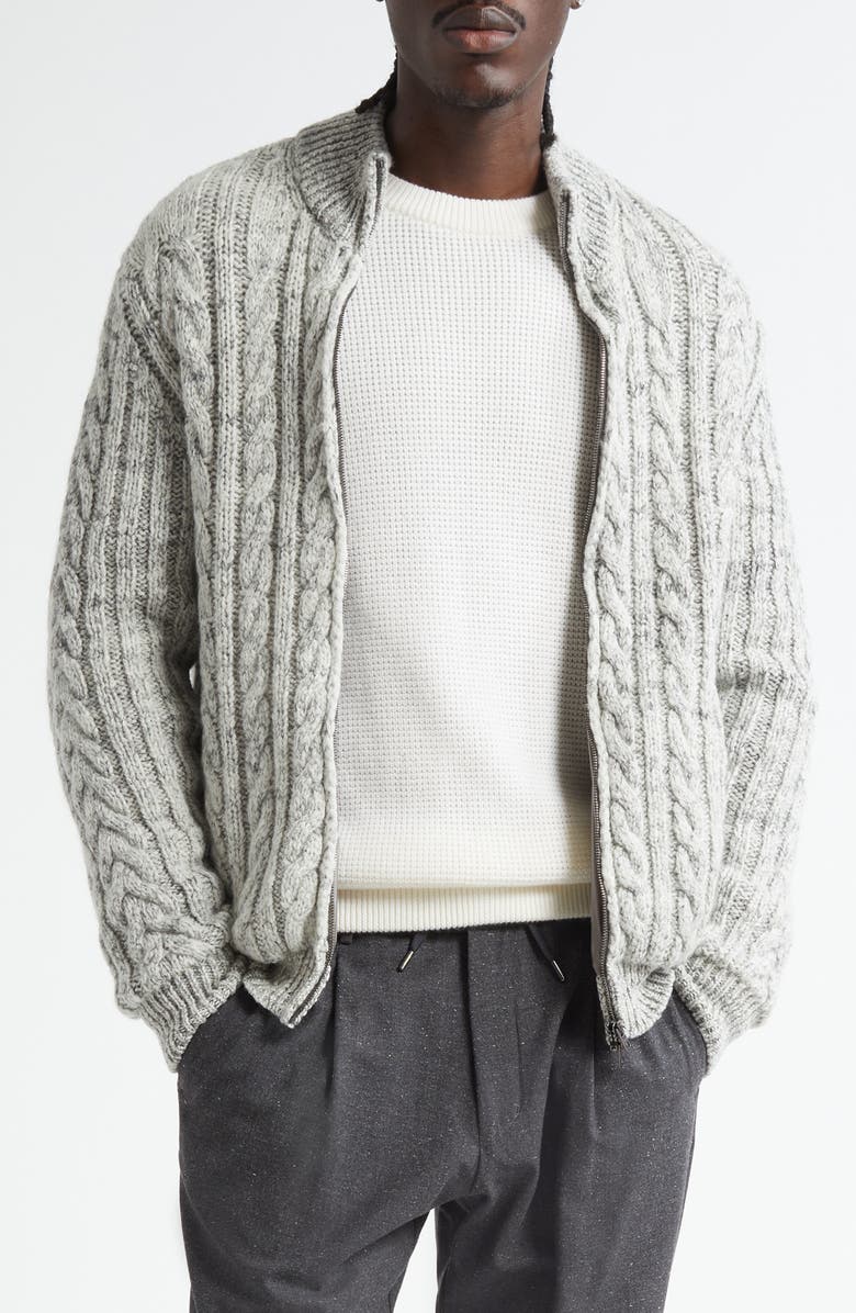 Herno Mélange Wool Cable Knit Sweater Jacket, Main, color, Grey