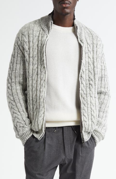 Mélange Wool Cable Knit Sweater Jacket