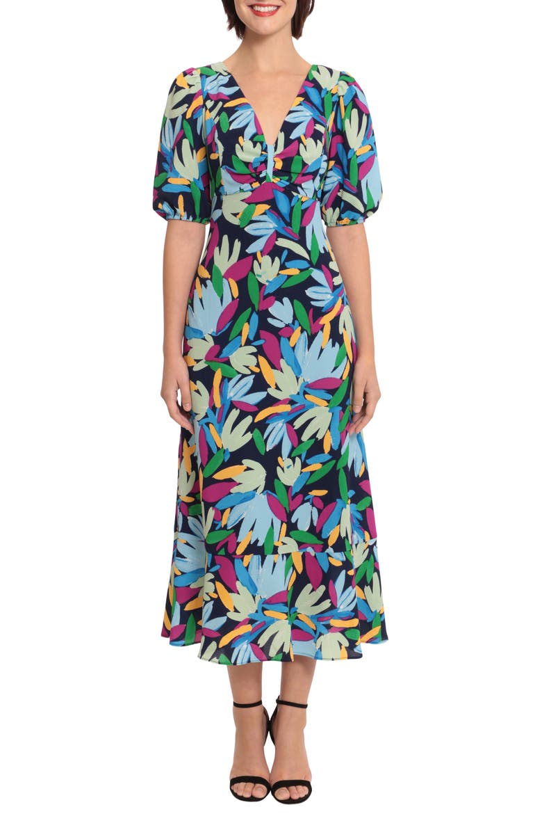 Floral Puff Sleeve Maxi Dress, Main, color, NAVY/ LIGHT BLUE
