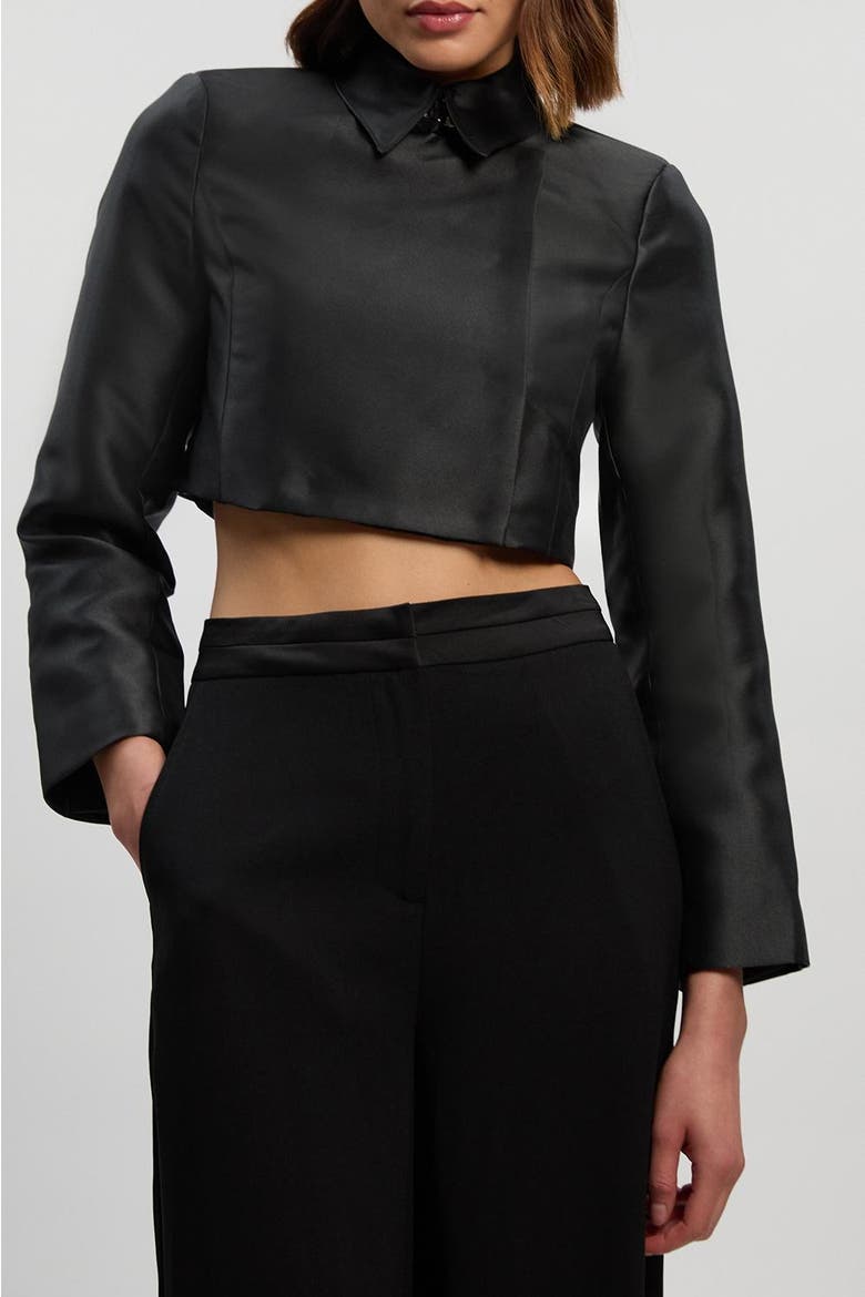 Satin Twill Cropped Wrap Tailored Jacket, Alternate, color, Black