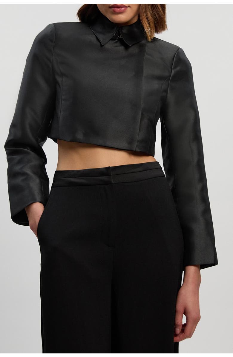 Karen Millen Satin Twill Cropped Wrap Tailored Jacket, Alternate, color, Black